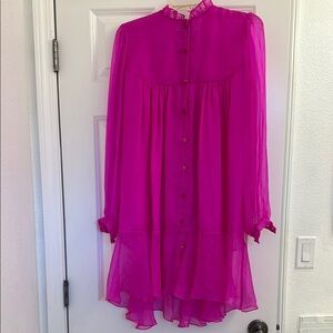 Vibrant Pink Sheer Button-Up Dress